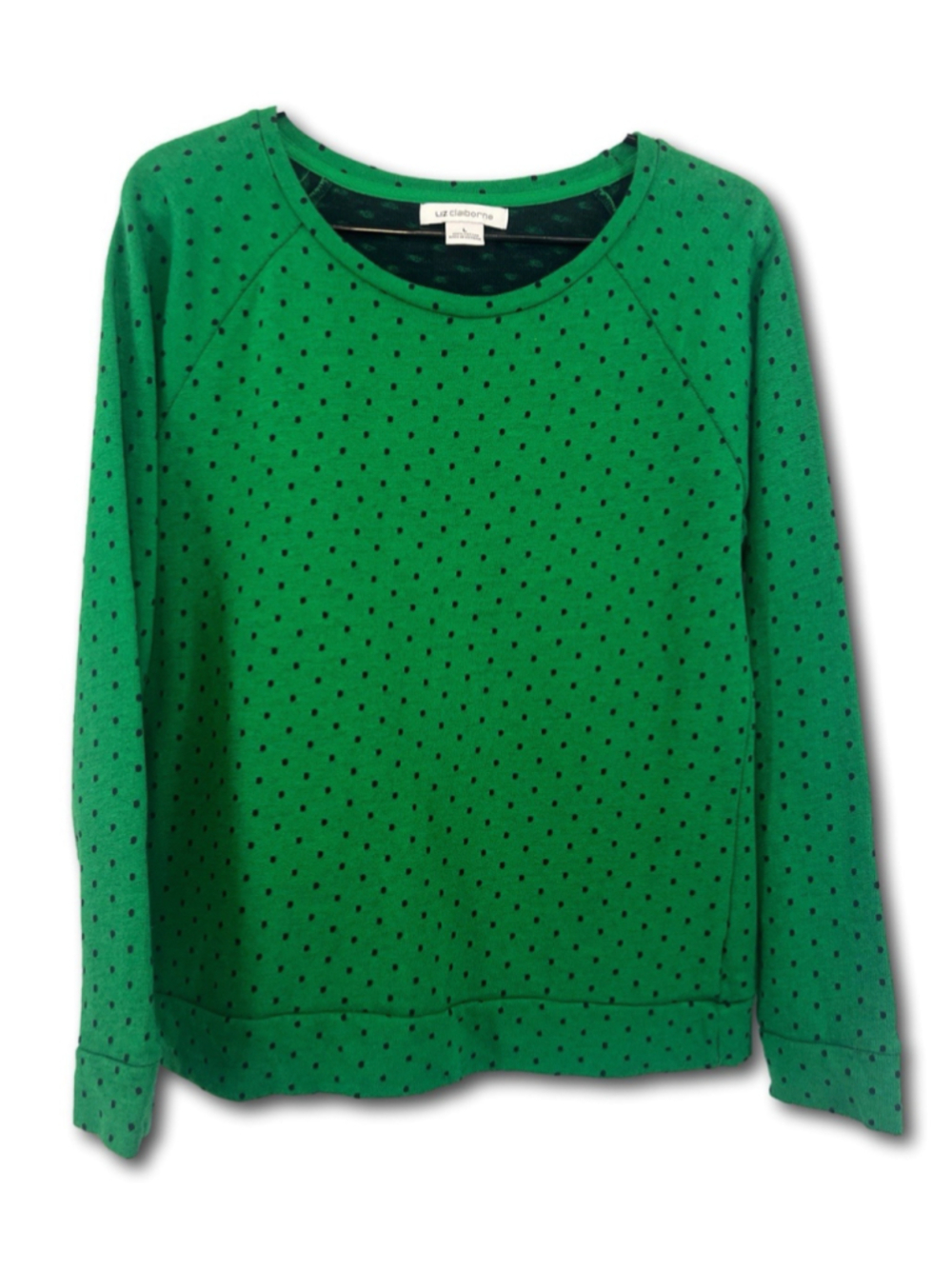 Liz Claiborne Long Sleeve Sweater Crew Neck Green Black Polka Dot Woman’s Large
